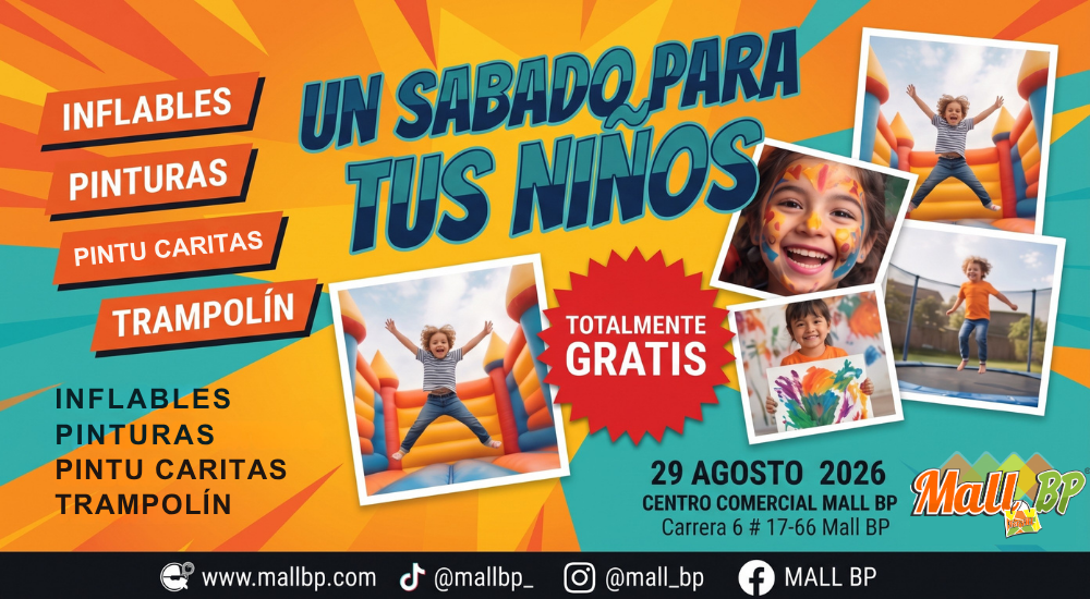 Un sábado para tus niños: inflables, pinturas, pintucaritas y trampolín, totalmente gratis. 29 de agosto de 2026 en Mall BP Montelíbano